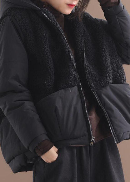 Black Hooded Patchwork Zippered Long Sleeve Winter Coat