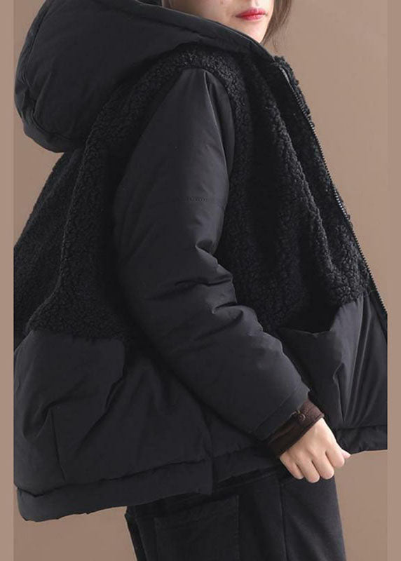 Black Hooded Patchwork Zippered Long Sleeve Winter Coat