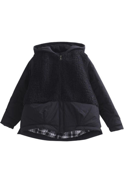 Black Hooded Patchwork Zippered Long Sleeve Winter Coat