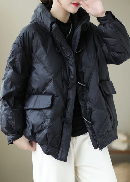 Black Hooded Zippered Winter Duck Down Winter Coats