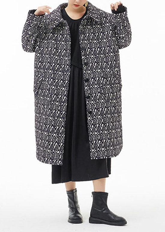 Black Side Open Peter Pan Collar Print Fine Cotton Filled Coats Winter