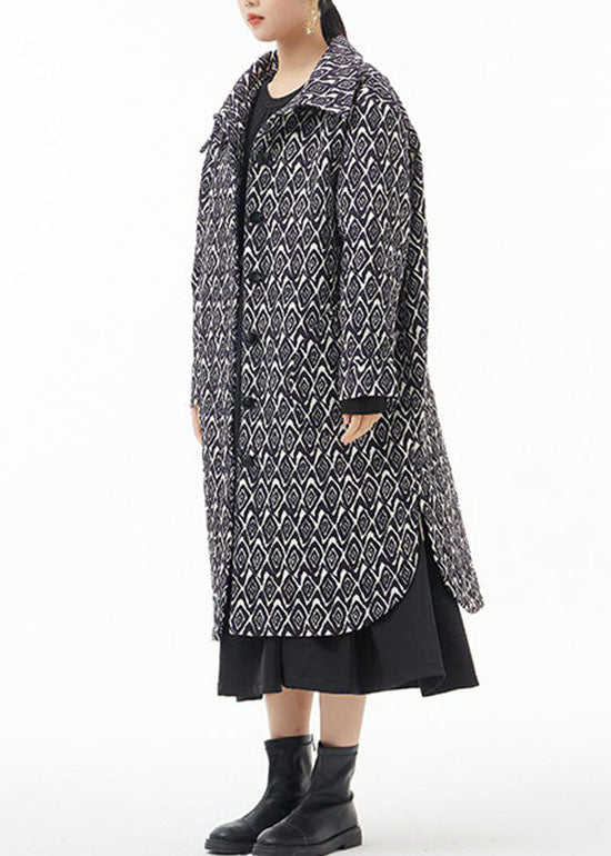 Black Side Open Peter Pan Collar Print Fine Cotton Filled Coats Winter
