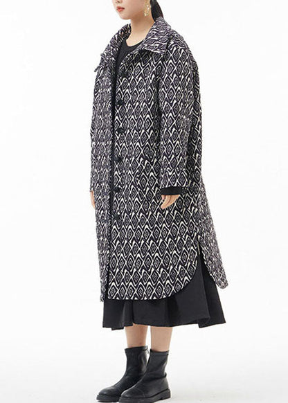 Black Side Open Peter Pan Collar Print Fine Cotton Filled Coats Winter