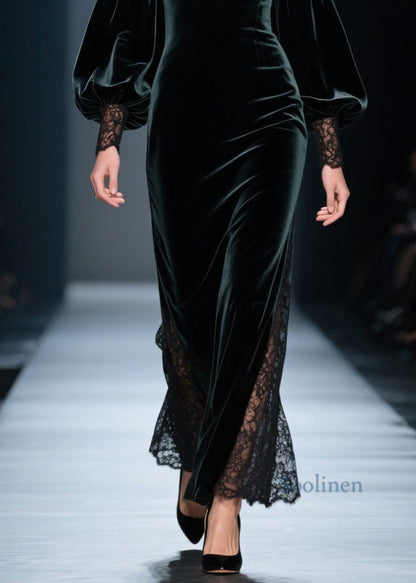 Blackish Green Cold Shoulder Lace Patchwork Velvet Dresses Spring