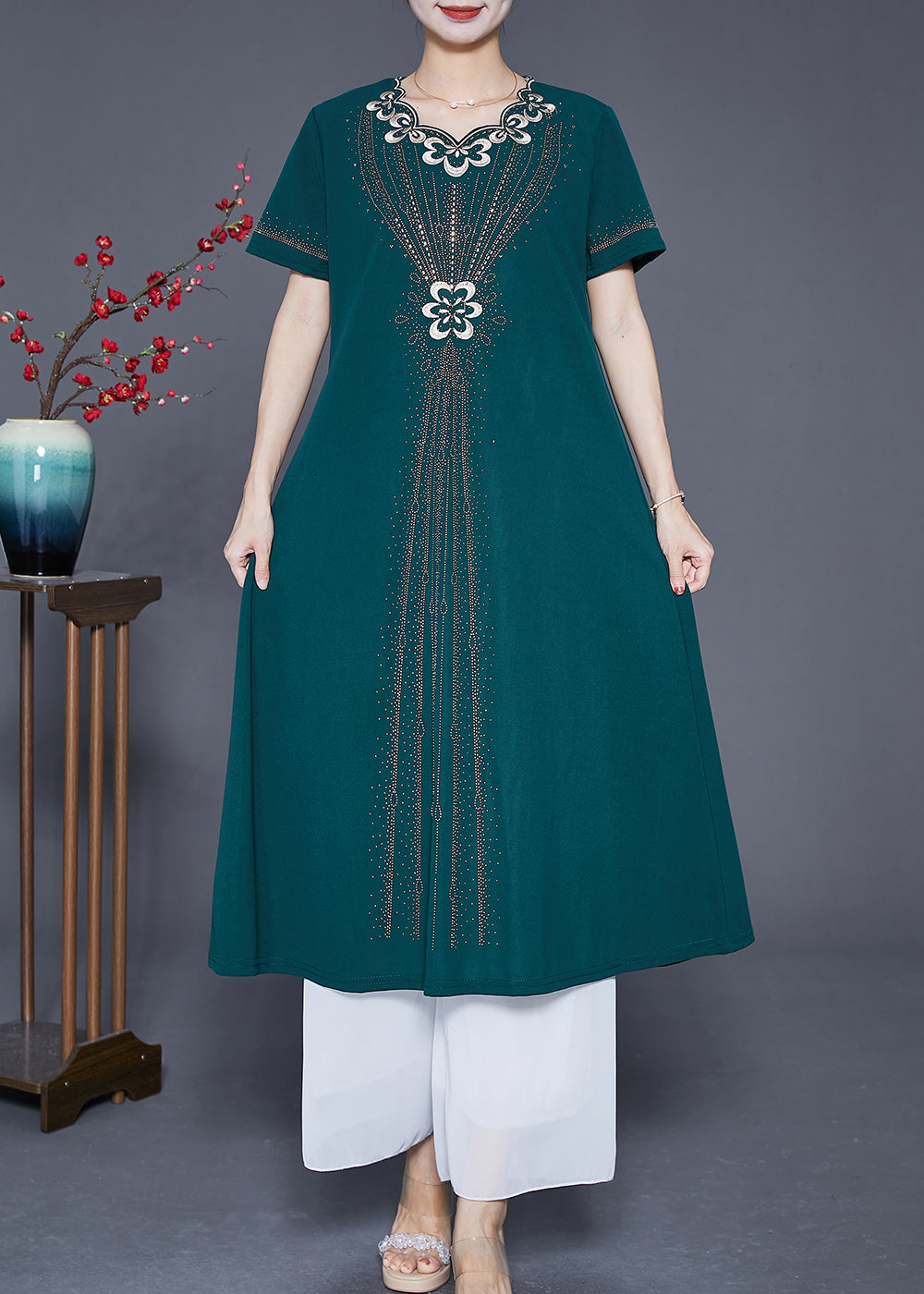 Blackish Green Embroideried Zircon Chiffon Maxi Dresses Summer