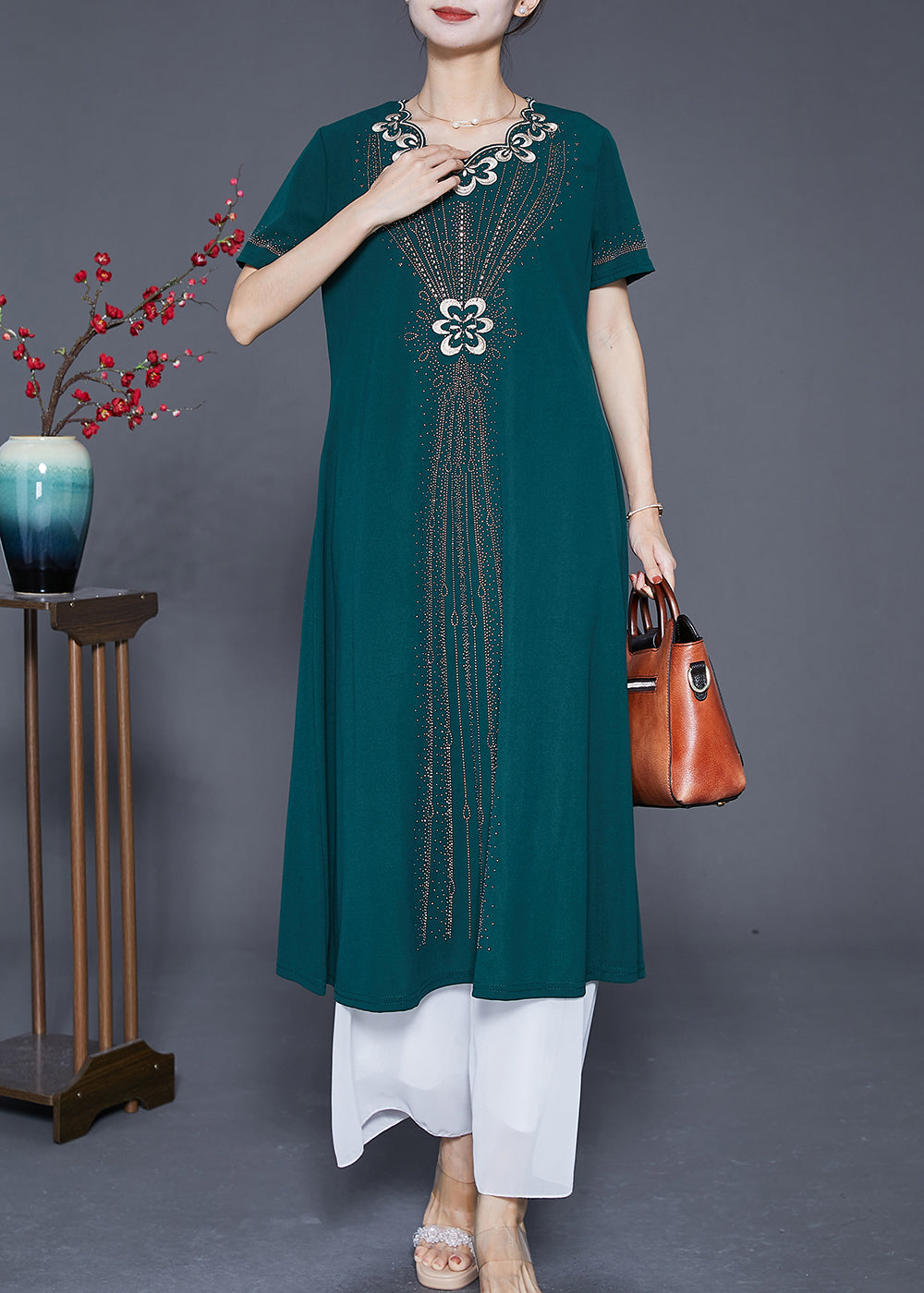 Blackish Green Embroideried Zircon Chiffon Maxi Dresses Summer