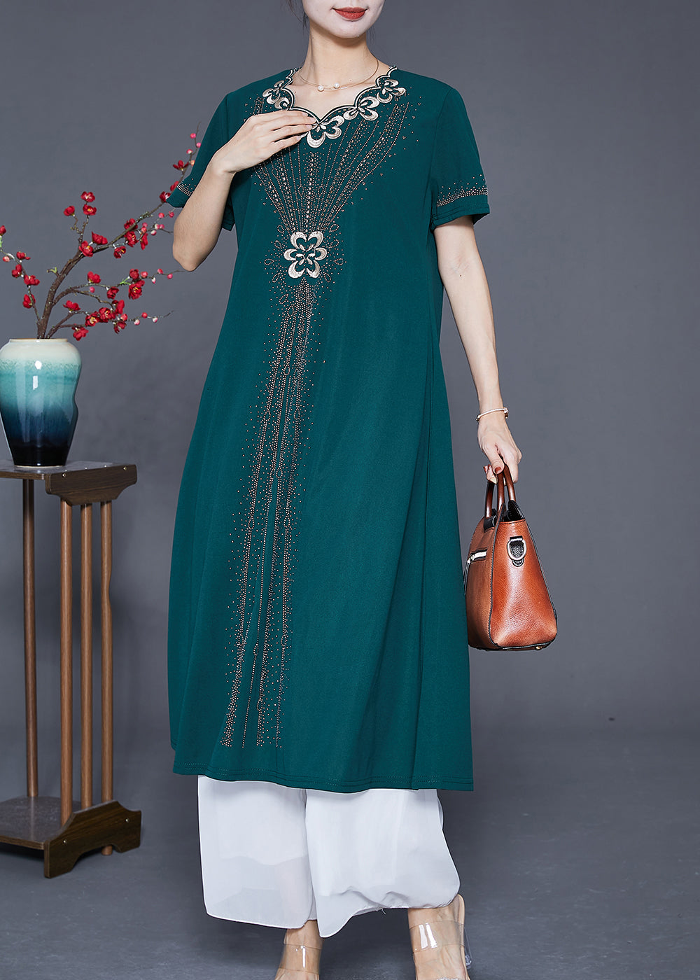 Blackish Green Embroideried Zircon Chiffon Maxi Dresses Summer
