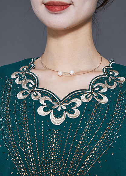 Blackish Green Embroideried Zircon Chiffon Maxi Dresses Summer