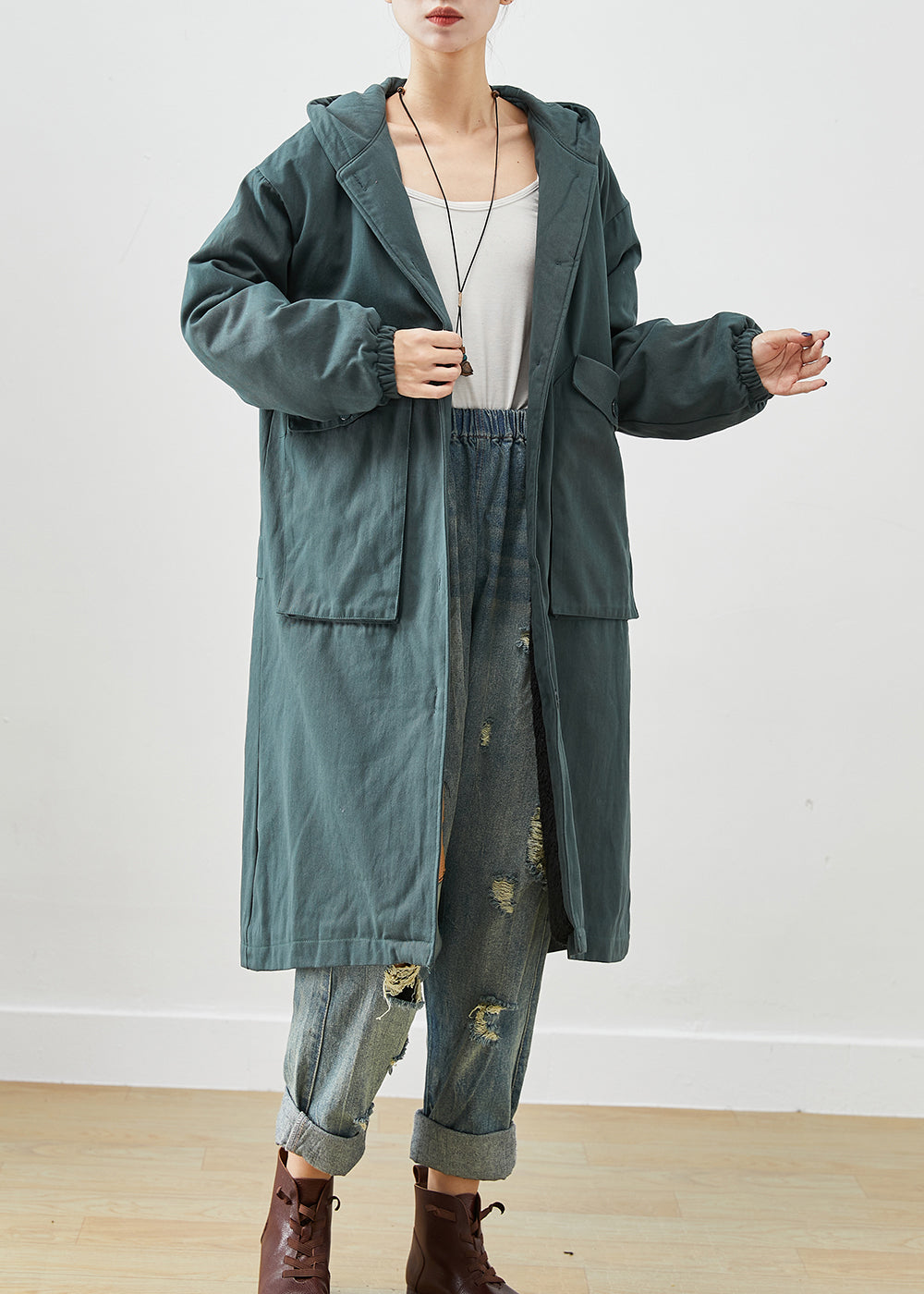 Blackish Green Hooded Pockets Thick Warm Fleece Trench Fall