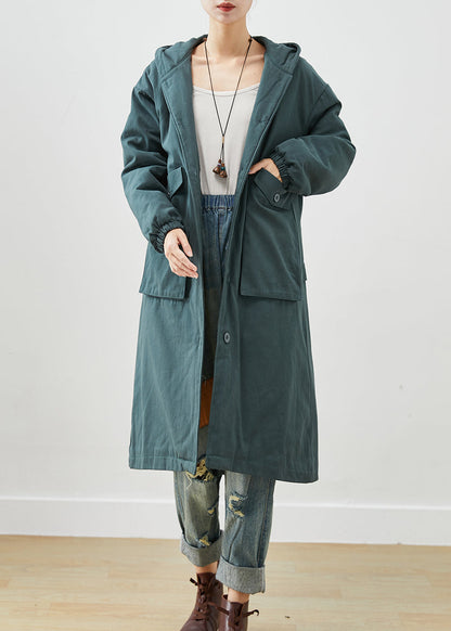 Blackish Green Hooded Pockets Thick Warm Fleece Trench Fall