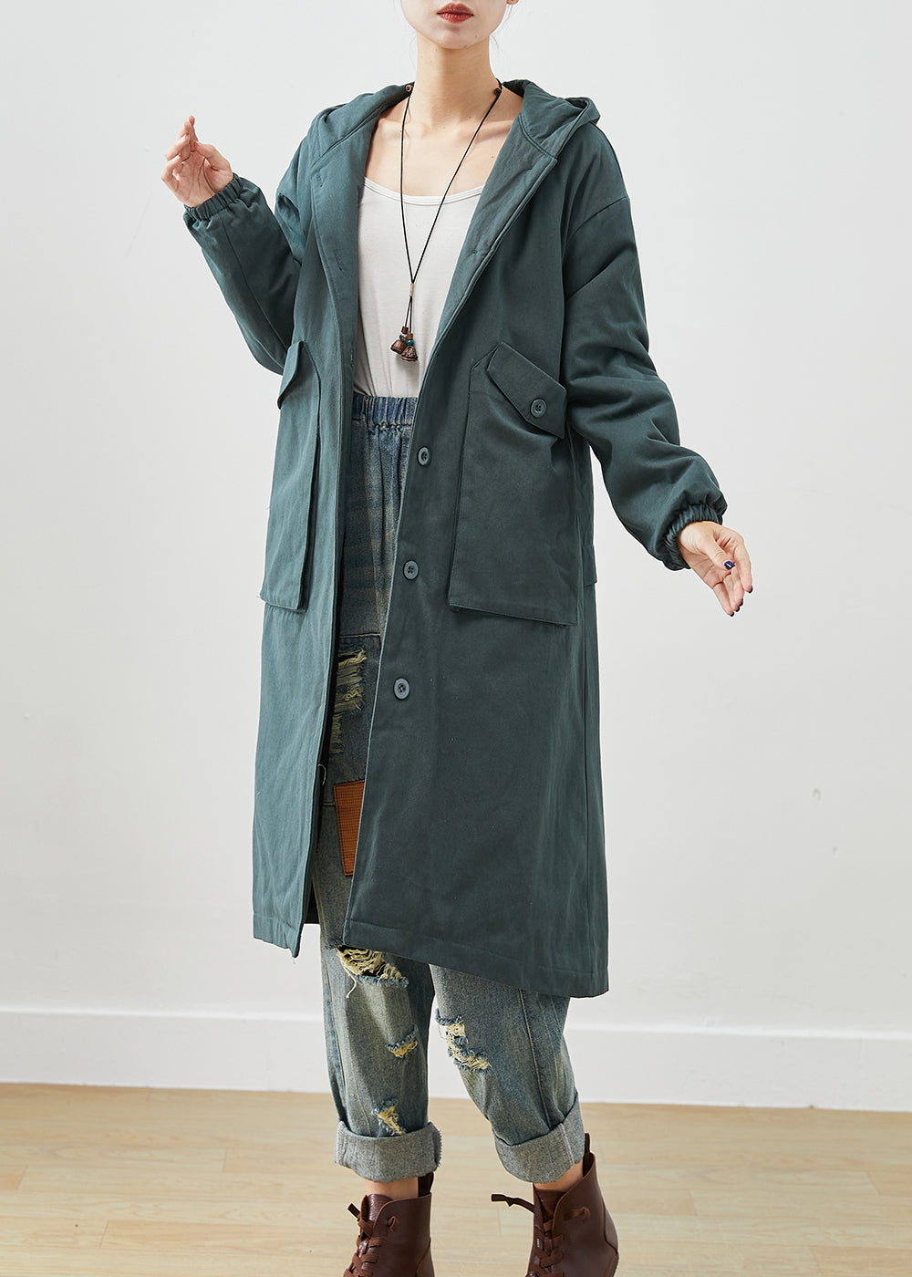 Blackish Green Hooded Pockets Thick Warm Fleece Trench Fall