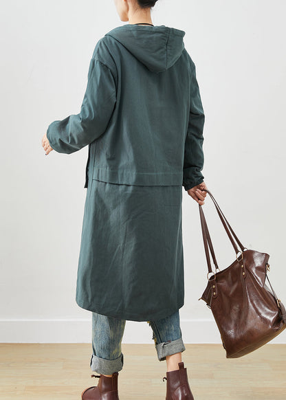 Blackish Green Hooded Pockets Thick Warm Fleece Trench Fall
