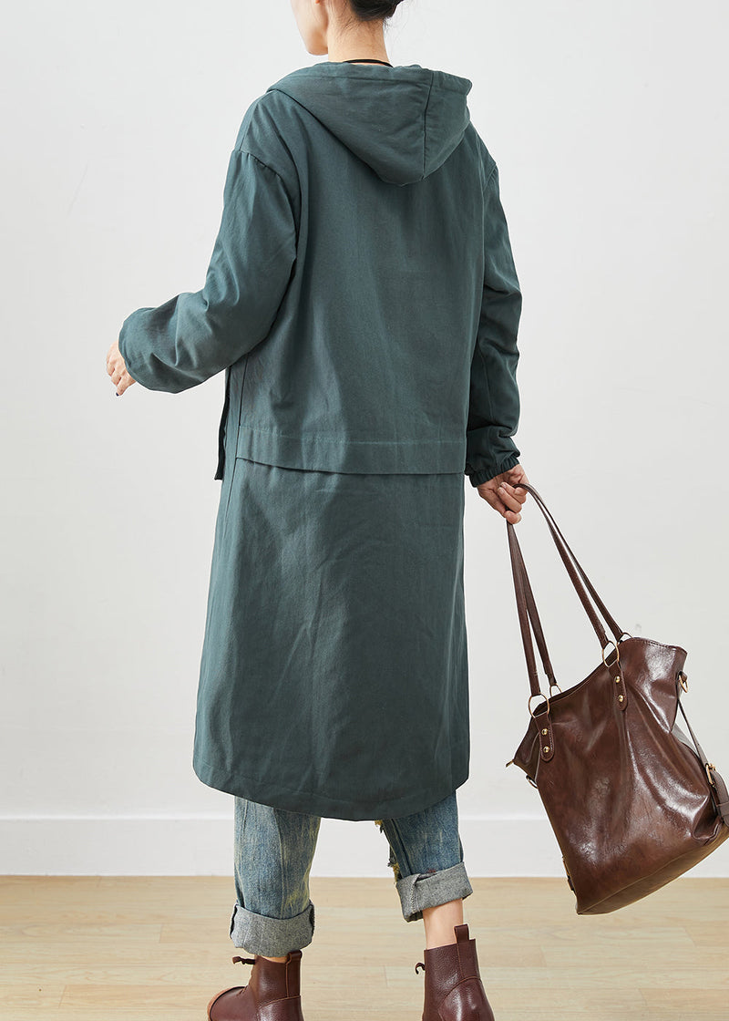 Blackish Green Hooded Pockets Thick Warm Fleece Trench Fall