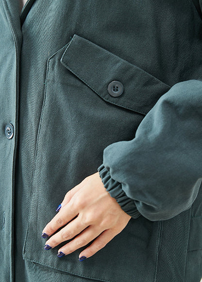 Blackish Green Hooded Pockets Thick Warm Fleece Trench Fall