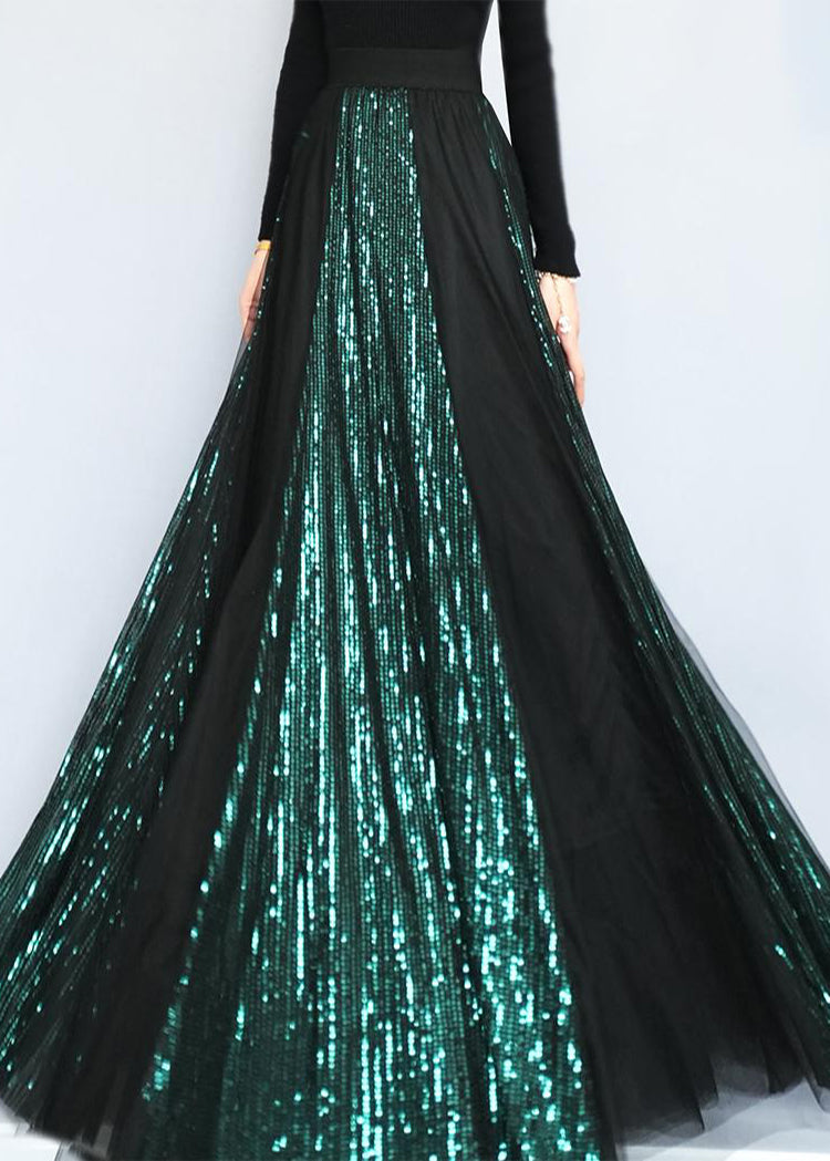 Blackish Green Sequins Patchwork Tulle Skirts Spring