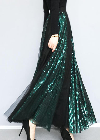 Blackish Green Sequins Patchwork Tulle Skirts Spring