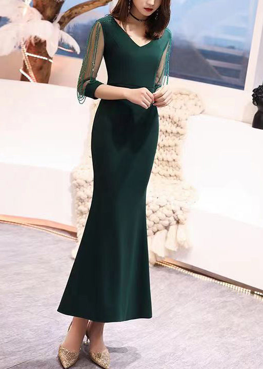 Blackish Green V Neck Nail Bead Tulle Long Dresses Bracelet Sleeve