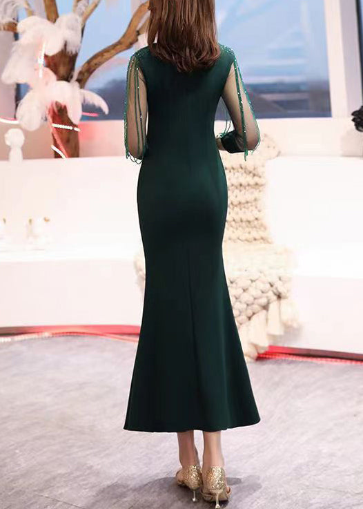 Blackish Green V Neck Nail Bead Tulle Long Dresses Bracelet Sleeve