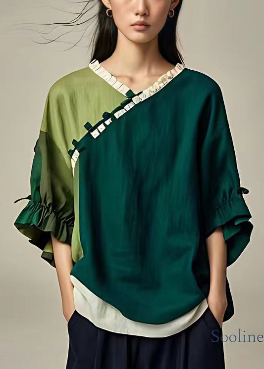 Blackish V Neck Ruffled Cotton Shirt Bracelet Sleeve