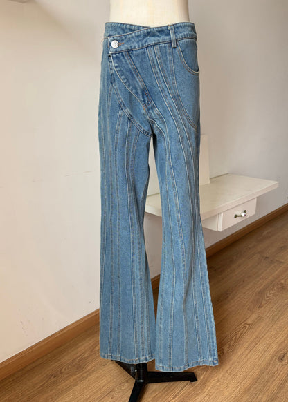 Blue Asymmetrical Design Pockets Denim Flared Trousers Fall
