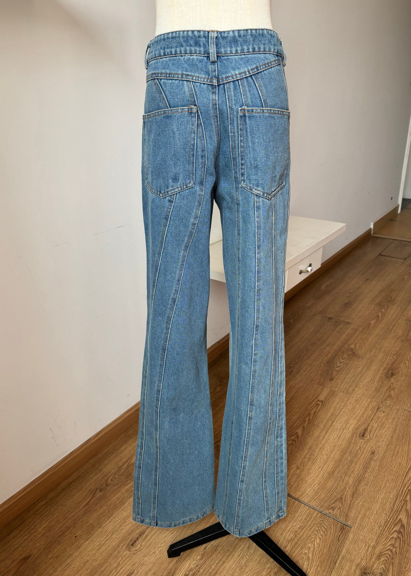Blue Asymmetrical Design Pockets Denim Flared Trousers Fall