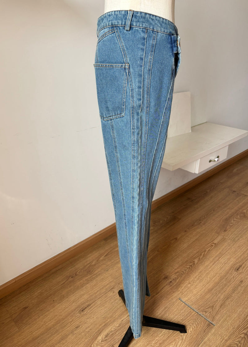 Blue Asymmetrical Design Pockets Denim Flared Trousers Fall