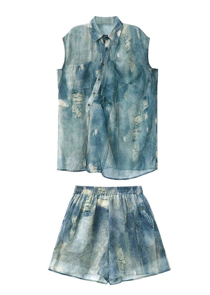 Blue Asymmetrical Side Open Shirt and Shorts Set