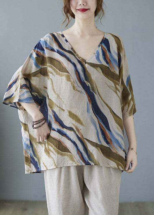 Blue Bat Wing Sleeve V Neck Asymmetrical Design Fall Striped Top