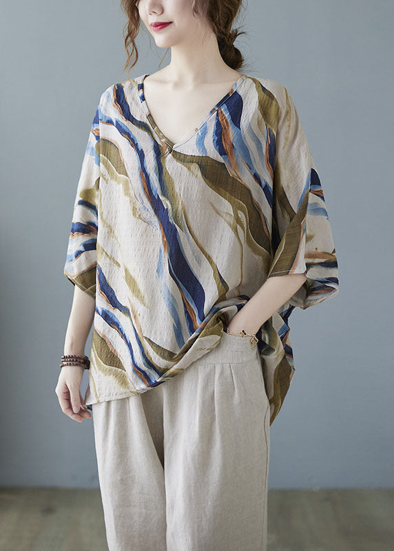 Blue Bat Wing Sleeve V Neck Asymmetrical Design Fall Striped Top