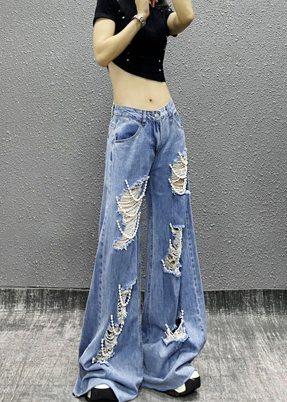 Blue Bead Decorated Pockets Ripped Denim Wide Leg Pants Spring