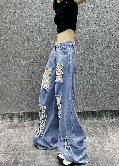 Blue Bead Decorated Pockets Ripped Denim Wide Leg Pants Spring