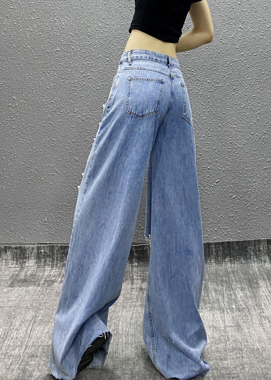 Blue Bead Decorated Pockets Ripped Denim Wide Leg Pants Spring