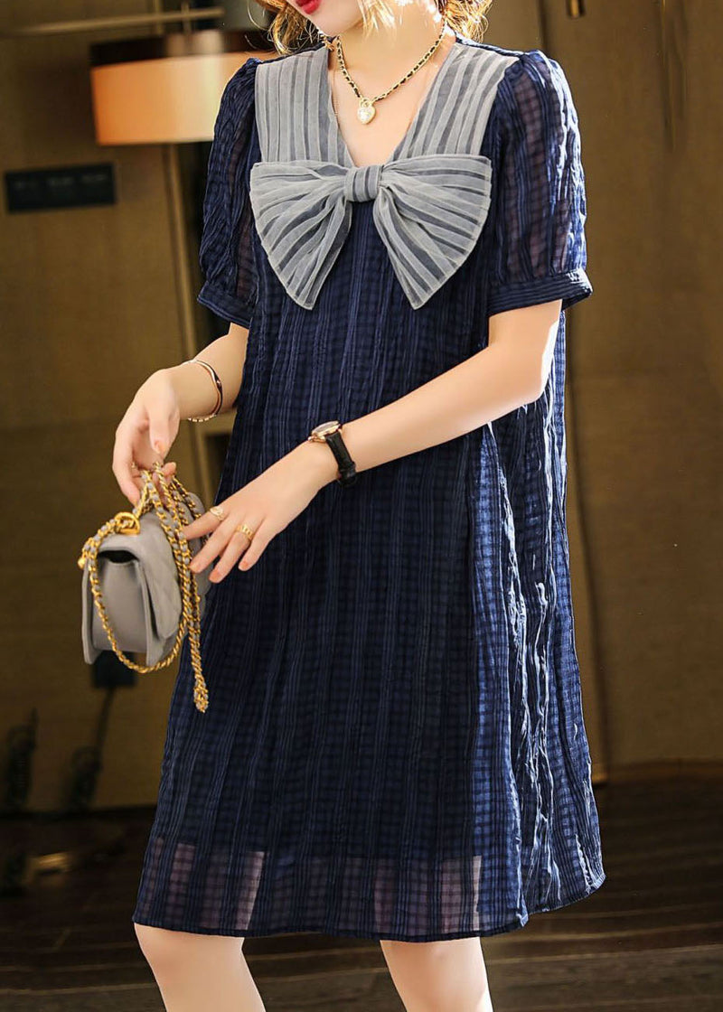 Blue Bow Patchwork Chiffon Mid Dress Summer