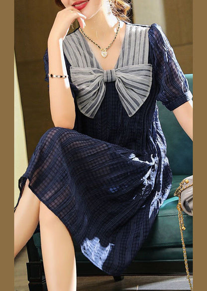 Blue Bow Patchwork Chiffon Mid Dress Summer