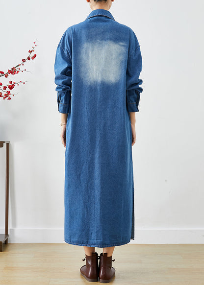 Blue Button Down Side Open Denim Trench Coats Fall