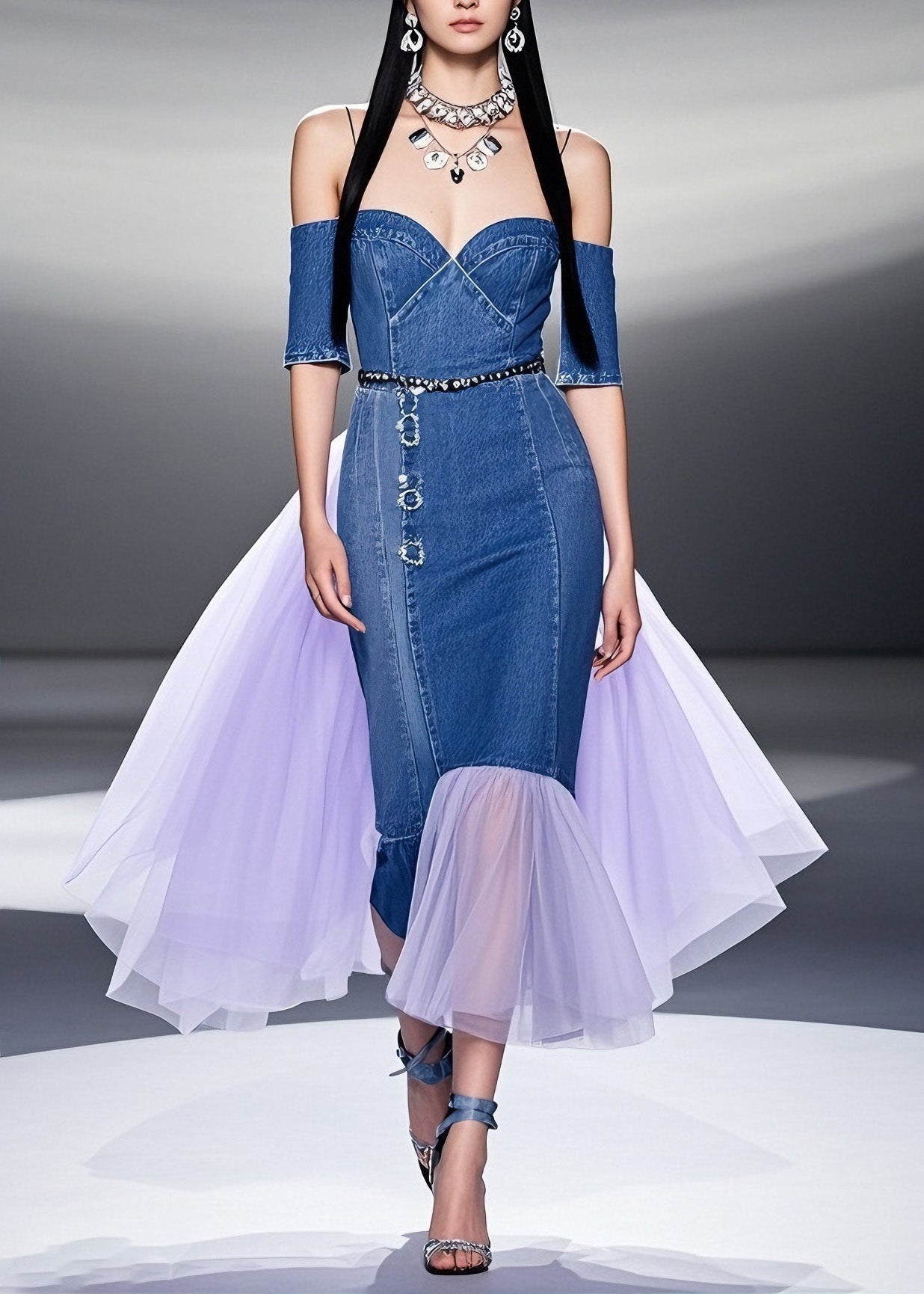 Blue Cold Shoulder Tulle Patchwork Denim Dresses Summer