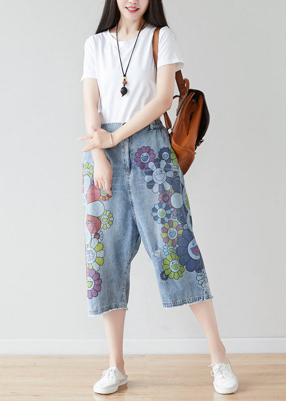 Blue Elastic Waist Oversized Print Cotton Wide Leg Pants Spring