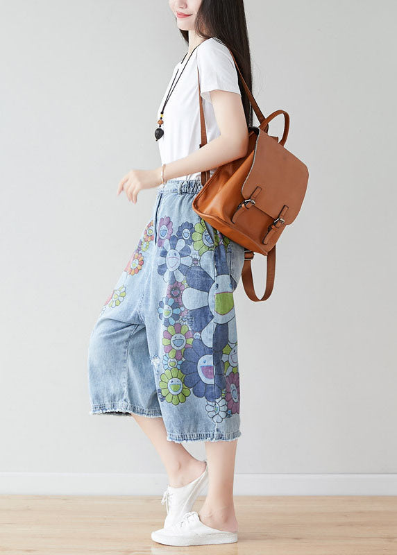 Blue Elastic Waist Oversized Print Cotton Wide Leg Pants Spring