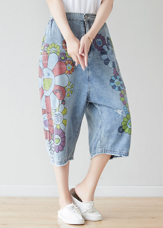 Blue Elastic Waist Oversized Print Cotton Wide Leg Pants Spring