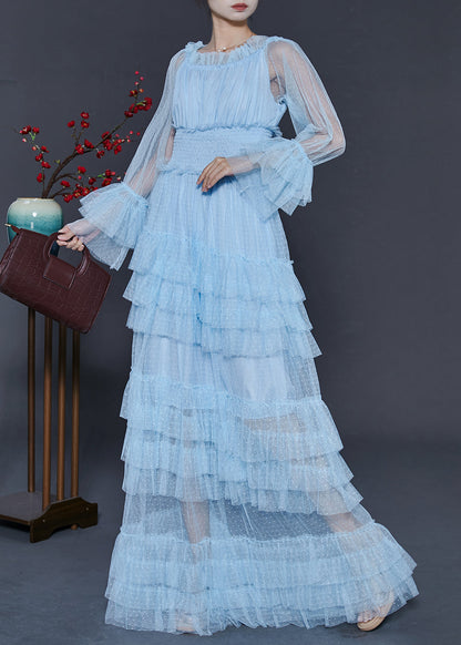 Blue Elastic Waist Patchwork Tulle Party Dress Spring