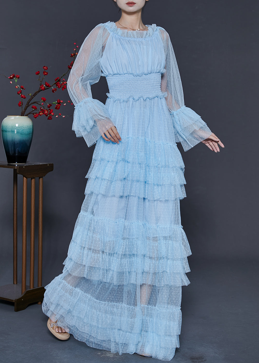 Blue Elastic Waist Patchwork Tulle Party Dress Spring