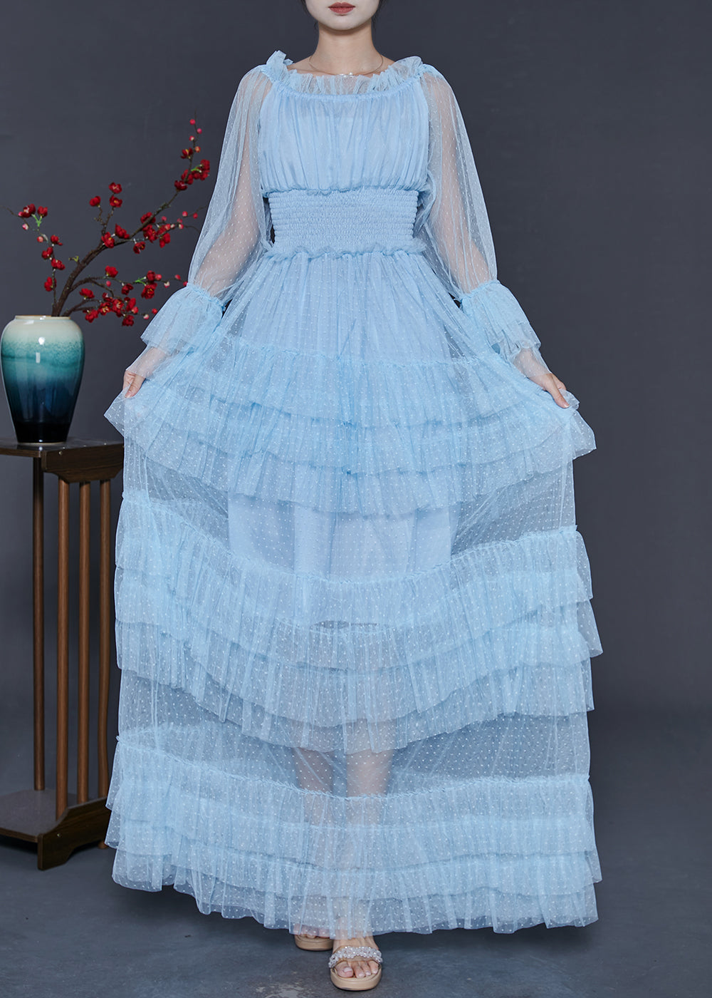 Blue Elastic Waist Patchwork Tulle Party Dress Spring