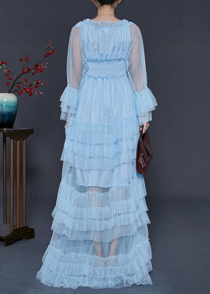 Blue Elastic Waist Patchwork Tulle Party Dress Spring
