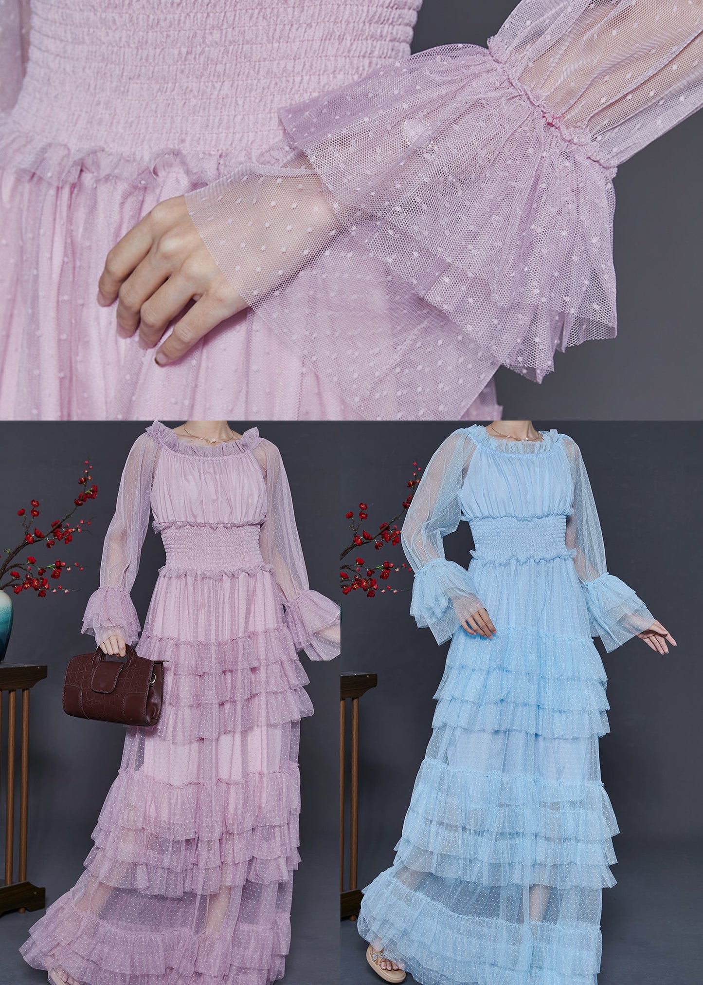 Blue Elastic Waist Patchwork Tulle Party Dress Spring