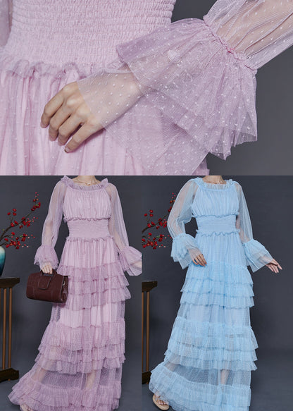 Blue Elastic Waist Patchwork Tulle Party Dress Spring