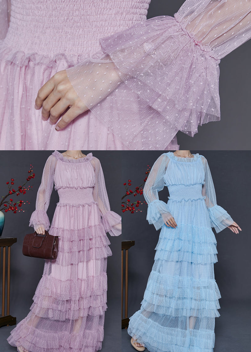 Blue Elastic Waist Patchwork Tulle Party Dress Spring