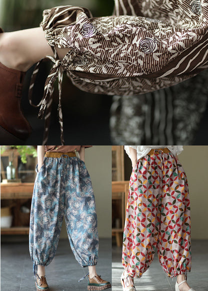 Blue Elastic Waist Pockets Linen Beam Pants Summer