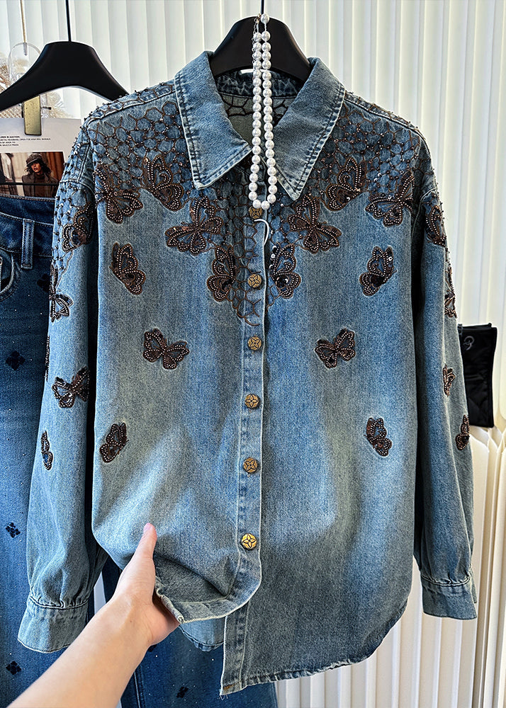 Blue Embroidered Butterfly Denim Coats Spring
