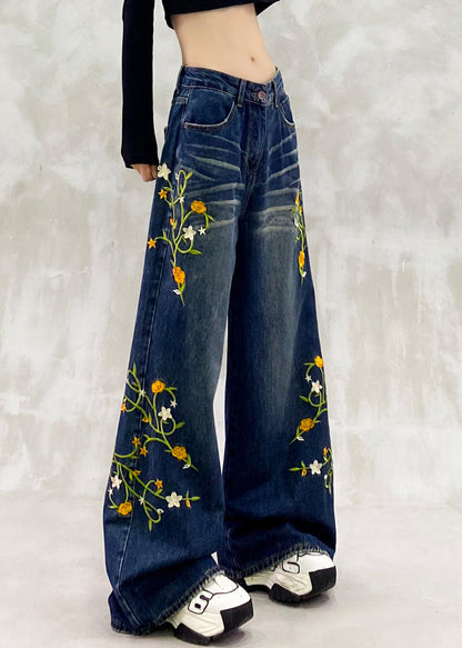 Blue Embroidered Pockets Patchwork Denim Pants Spring