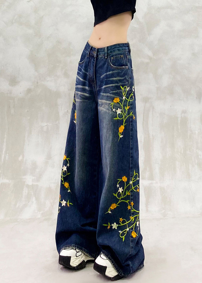 Blue Embroidered Pockets Patchwork Denim Pants Spring
